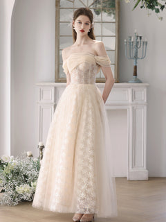 Champagne A-Line Tulle Lace Long Prom Dress, Champagne Formal Dress