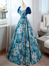 A-Line Puff Sleeves Satin Blue Long Prom Dress, Blue Long Formal Dress