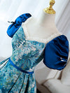 A-Line Puff Sleeves Satin Blue Long Prom Dress, Blue Long Formal Dress