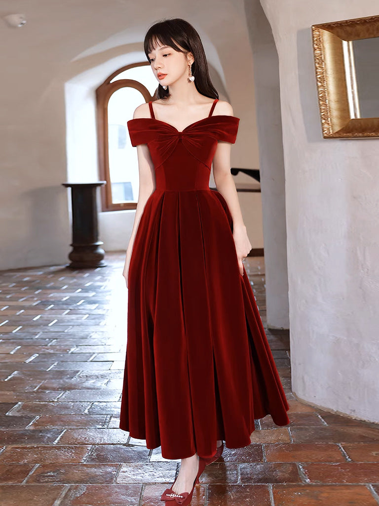Simple Off Shoulder A-Line Tea Length Velvet Burgundy Prom Dress – shopluu