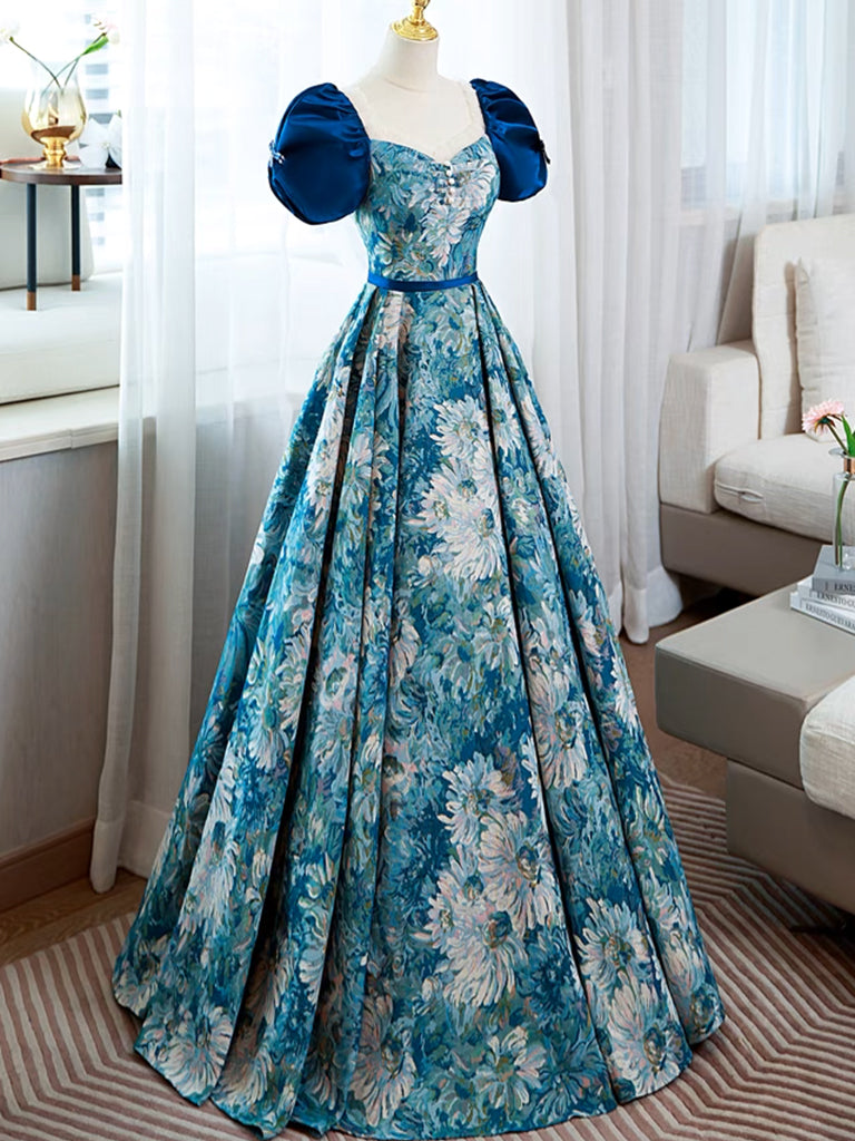 A-Line Puff Sleeves Satin Blue Long Prom Dress, Blue Long Formal Dress shopluu A-Line Puff Sleeves Satin Blue Long Prom Dress, Blue Long Formal Dress shopluu