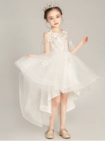 Beige Tulle Lace High Low Flower Girl Dress, Lace Girl Party Dress