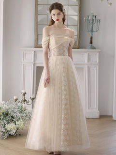 Champagne A-Line Tulle Lace Long Prom Dress, Champagne Formal Dress