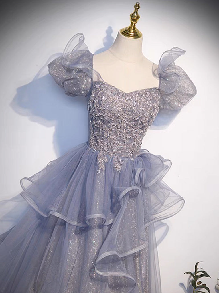 A-Line Sweetheart Neck Tulle Sequin Gray Blue Long Prom Dress, Gray Blue Long Formal Dress