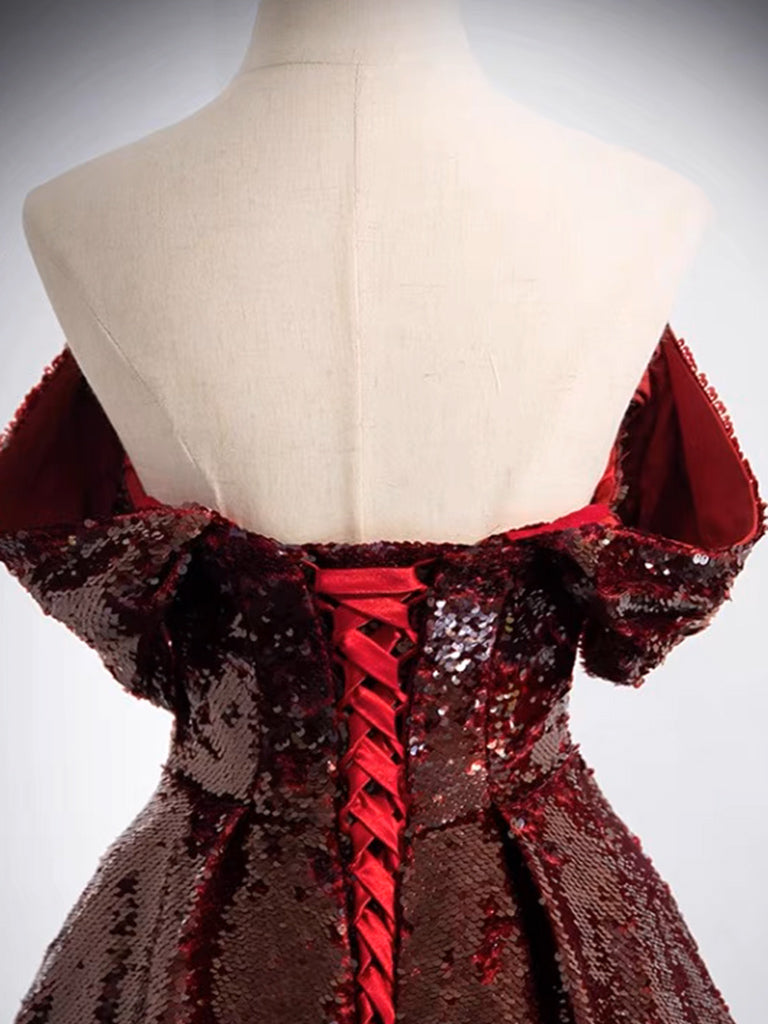 Burgundy Tulle Sequins Floor Length Prom Dress, Off The Shoulder Formal Evening Dress US 6 / Burgundy Burgundy Tulle Sequins Floor Length Prom Dress, Off The Shoulder Formal Evening Dress US 6 / Burgundy