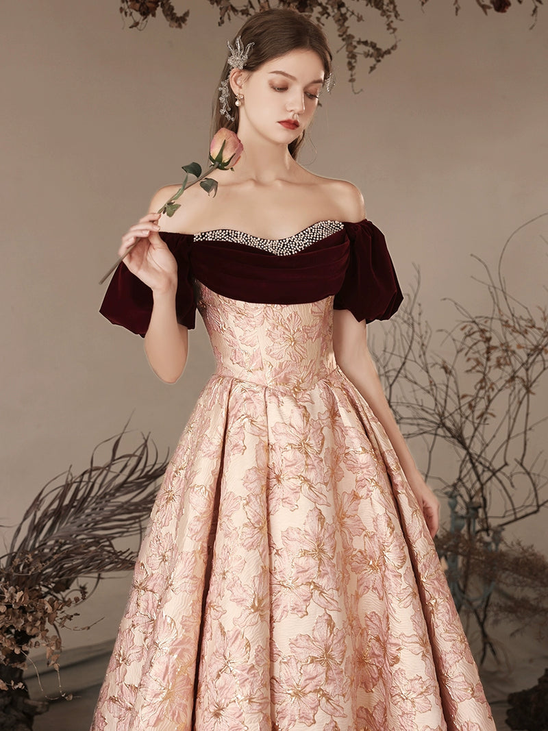 Pink velvet online prom dress