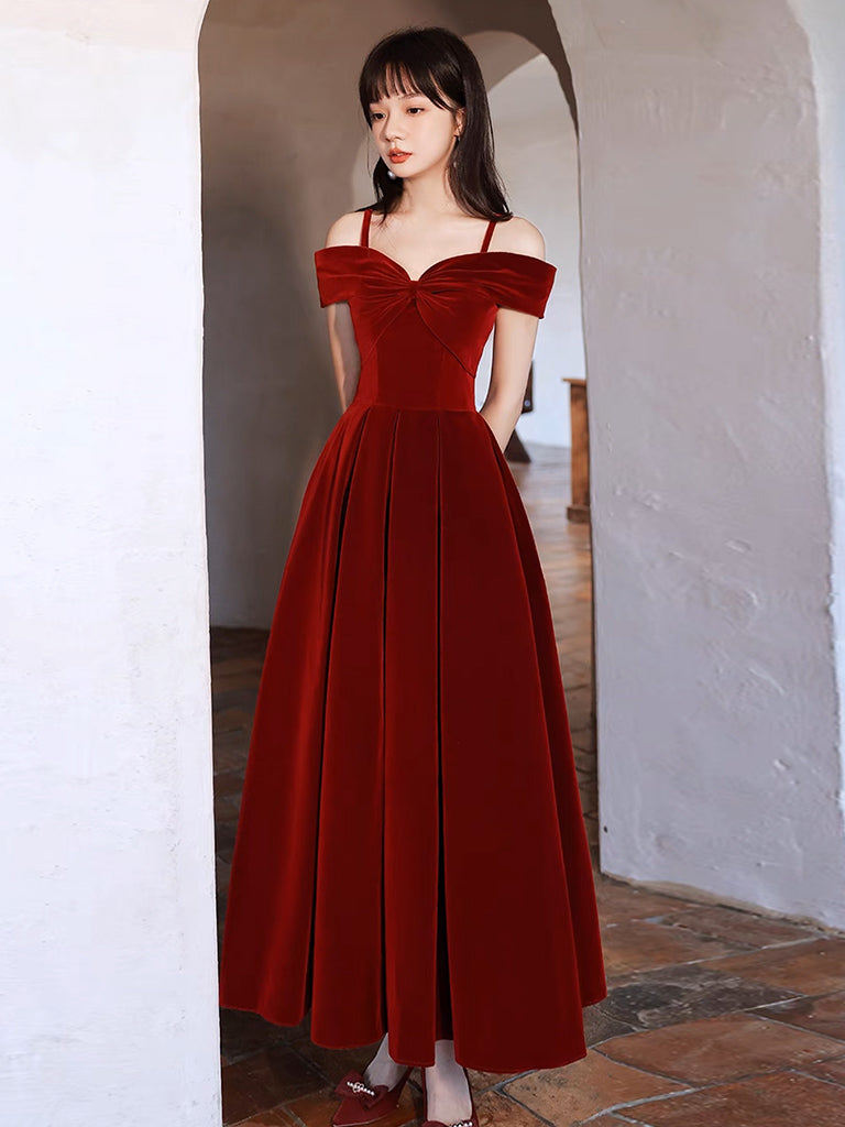 Simple Off Shoulder A-Line Tea Length Velvet Burgundy Prom Dress