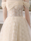 Champagne A-Line Tulle Lace Long Prom Dress, Champagne Formal Dress