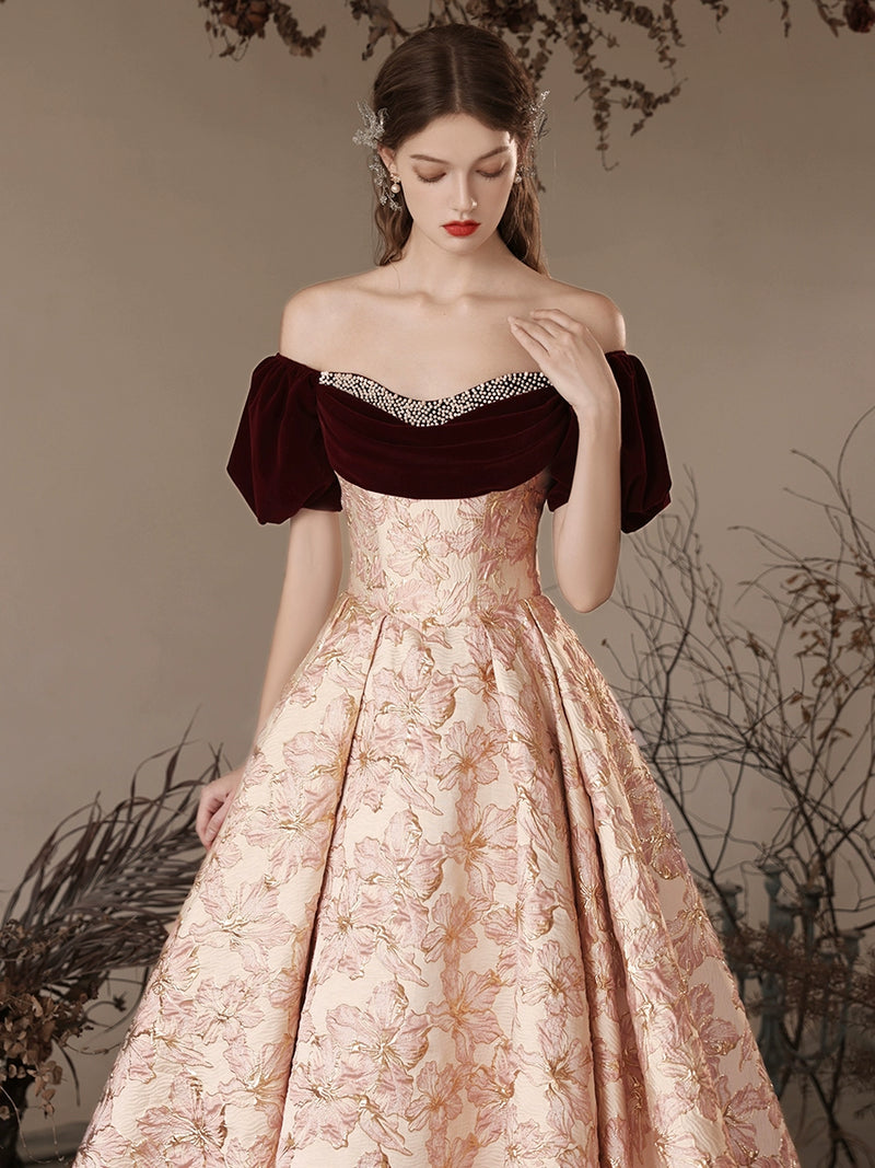 A-Line Pink Satin Velvet Long Prom Dress, Pink Long Formal Dress