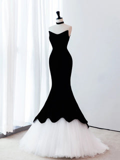 Black/White Velvet Mermaid Long Prom Dress, Black Formal Evening Dress