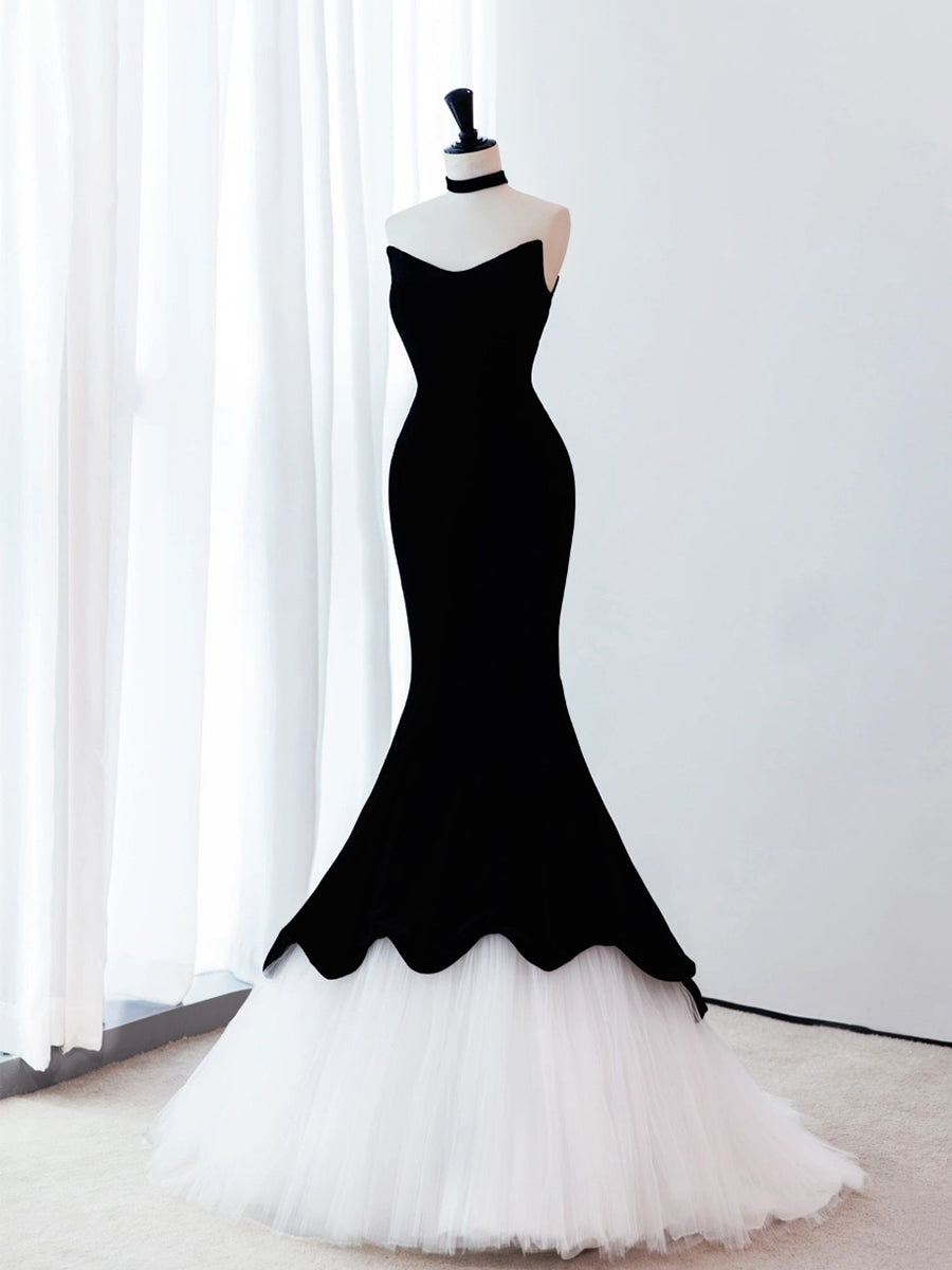Black/White Velvet Mermaid Long Prom Dress, Black Formal Evening Dress – shopluu