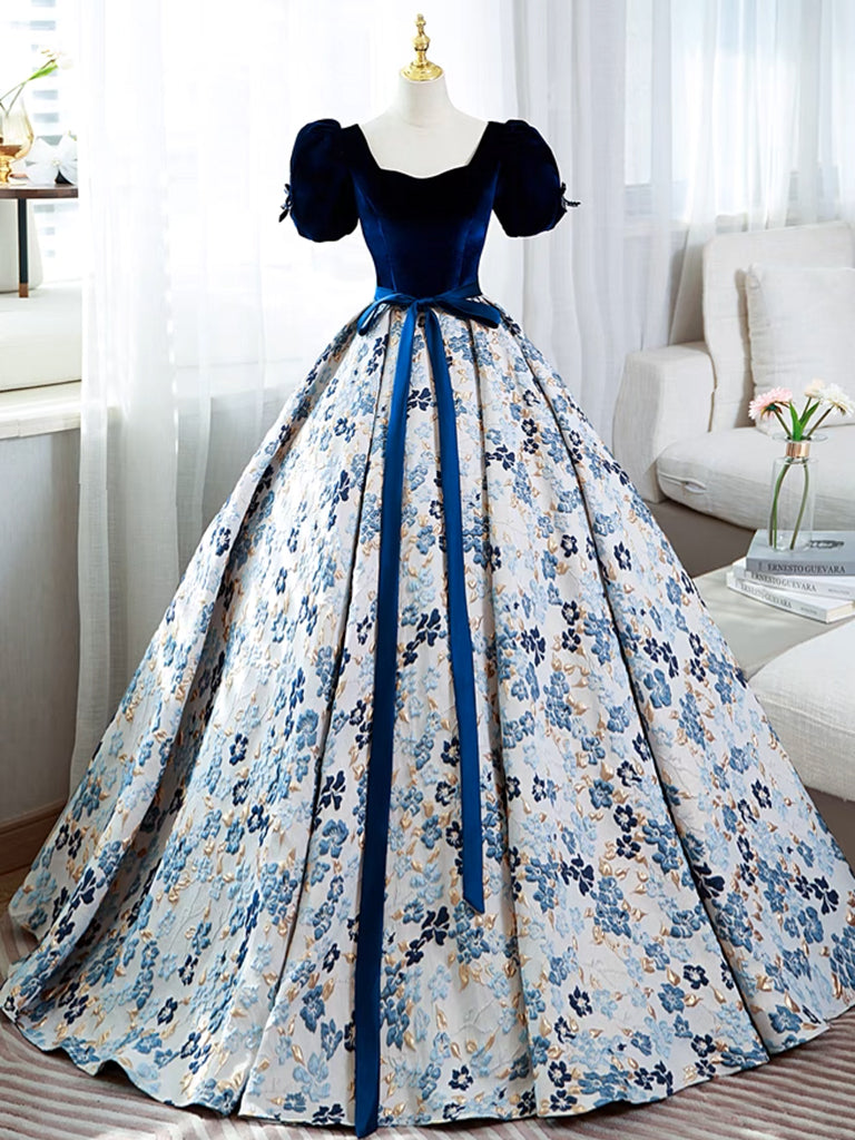 A-Line Satin Velvet Blue Long Prom Dress, Blue Long Formal Dress