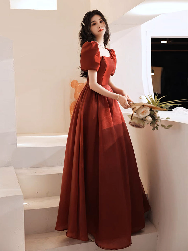 burgundy formal dress with sleeves A-Line Puff Organza Long Prom Dress, Burgundy Long Ev – shopluu Tight