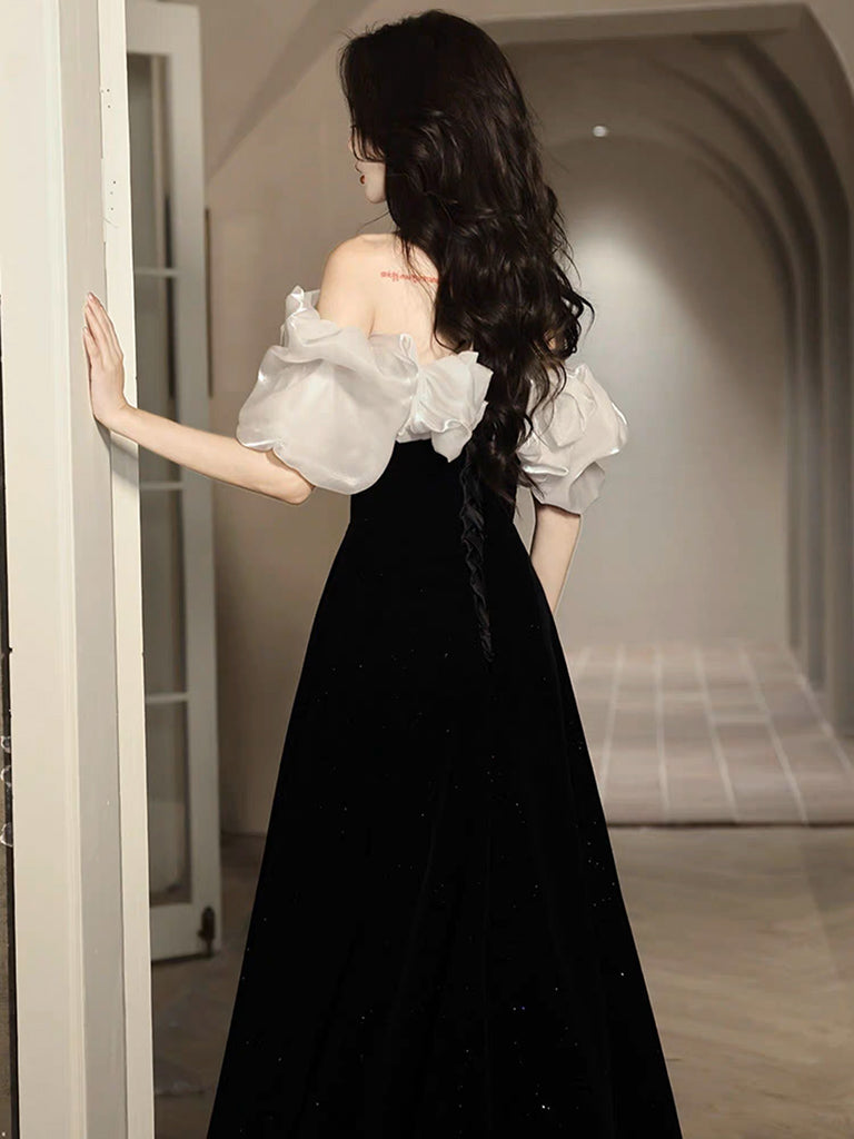 A-Line Off Shoulder Velvet Black Long Prom Dress, Black Long Evening D – shopluu