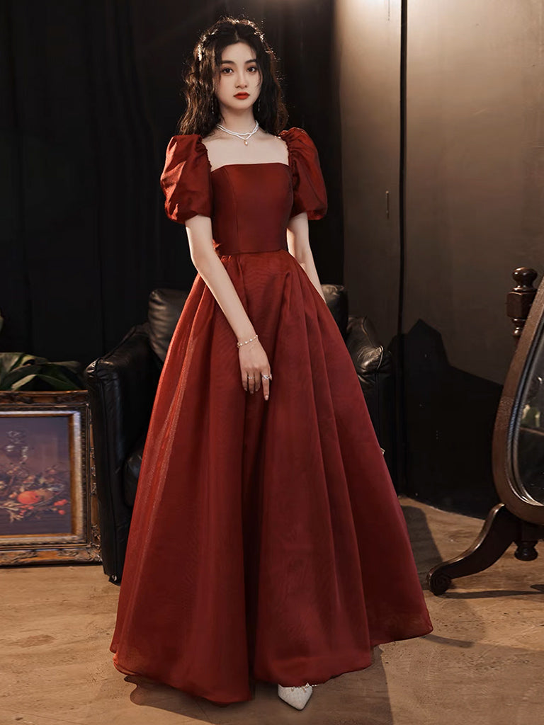 A-Line Puff Sleeves Organza Burgundy Long Prom Dress, Burgundy