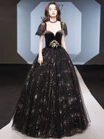 A-Line Off Shoulder Tulle Lace Black Long Prom Dress, Black Long Formal with Beads