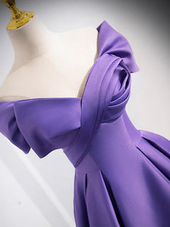 A-Line off Shoulder Satin Purple Long Prom Dress, Purple Long Evening Dress