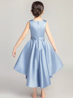 A-Line Round Neck High Low Satin Blue Short Flower Girl Dress