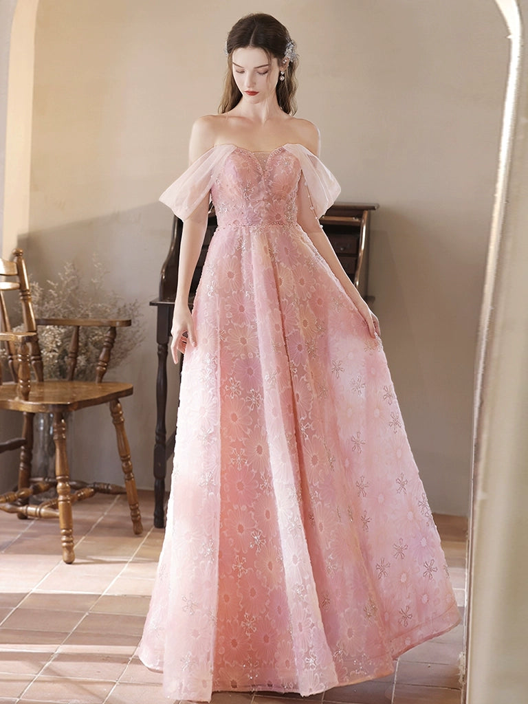 A-Line Off Shoulder Tulle Lace Pink Long Prom Dress, Pink Lace Evening Dress