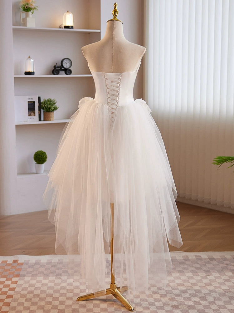 A-Line White Tulle Satin Short Prom Dress, White Homecoming Dress
