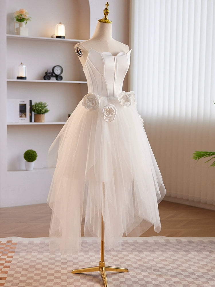 A-Line White Tulle Satin Short Prom Dress, White Homecoming Dress