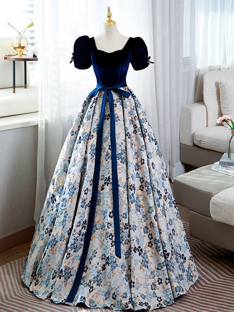 A-Line Satin Velvet Blue Long Prom Dress, Blue Long Formal Dress – shopluu