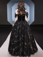 A-Line Off Shoulder Tulle Lace Black Long Prom Dress, Black Long Formal with Beads