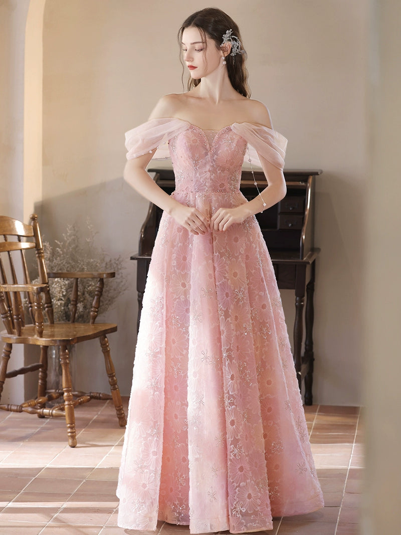 A-Line Off Shoulder Tulle Lace Pink Long Prom Dress, Pink Lace Evening Dress