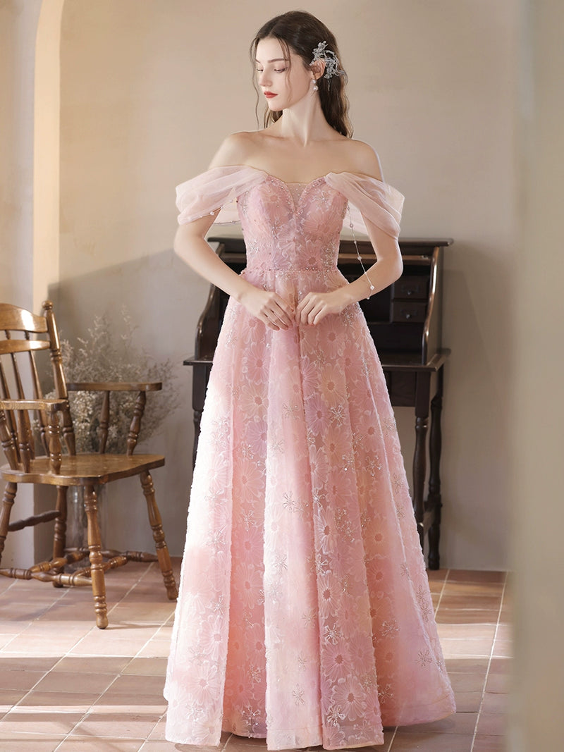 A-Line Off Shoulder Tulle Lace Pink Long Prom Dress, Pink Lace Evening shopluu A-Line Off Shoulder Tulle Lace Pink Long Prom Dress, Pink Lace Evening shopluu