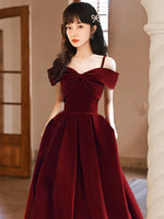 Simple Off Shoulder A-Line Tea Length Velvet Burgundy Prom Dress