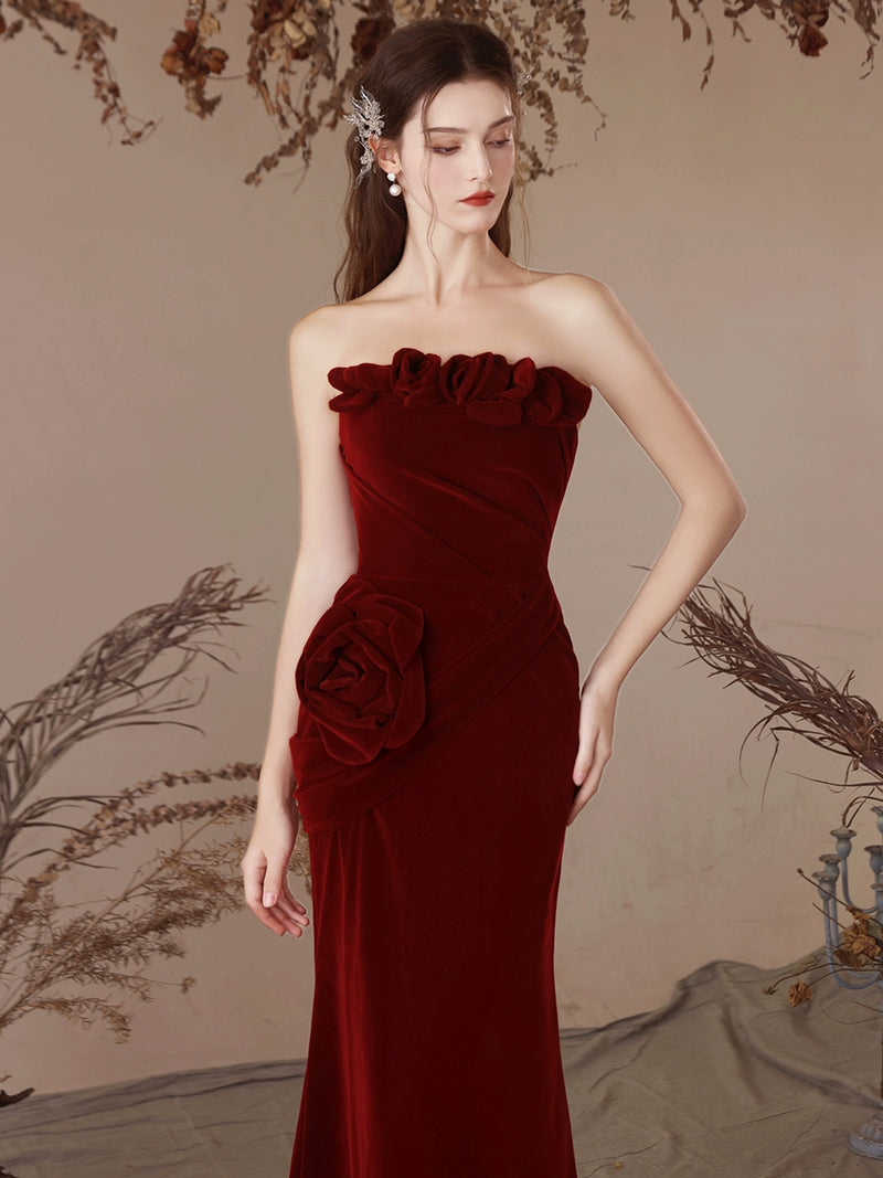 Mermaid Velvet Burgundy Long Prom Dress, Burgundy Evening Dress – shopluu