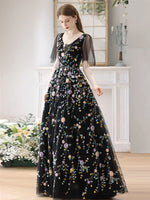 A-Line V Neck  Tulle Lace Black Long Prom Dress, Black Long Evening Dress