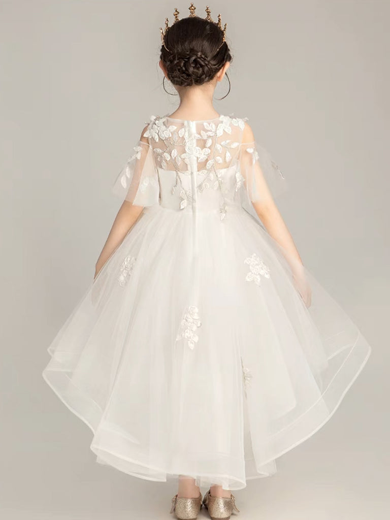 Beige Tulle Lace High Low Flower Girl Dress, Lace Girl Party Dress