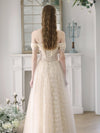 Champagne A-Line Tulle Lace Long Prom Dress, Champagne Formal Dress