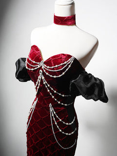 Mermaid Sweetheart Neck Velvet Burgundy Long Prom Dress with Beads