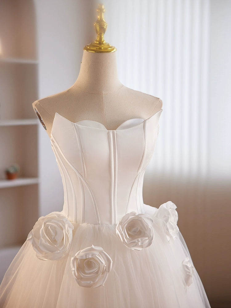 A-Line White Tulle Satin Short Prom Dress, White Homecoming Dress