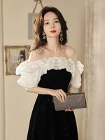A-Line Off Shoulder Velvet Black Long Prom Dress, Black Long Evening Dress