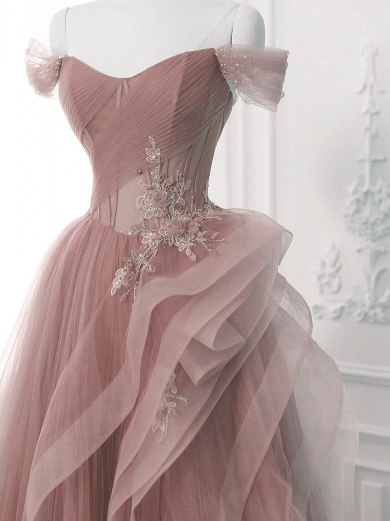 Pink A-Line Off Shoulder Long Prom Dress, Pink Lace Long Evening Dress