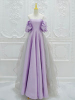 A-Line Satin Tulle Purple Long Prom Dress, Tulle Purple Long Formal Dress