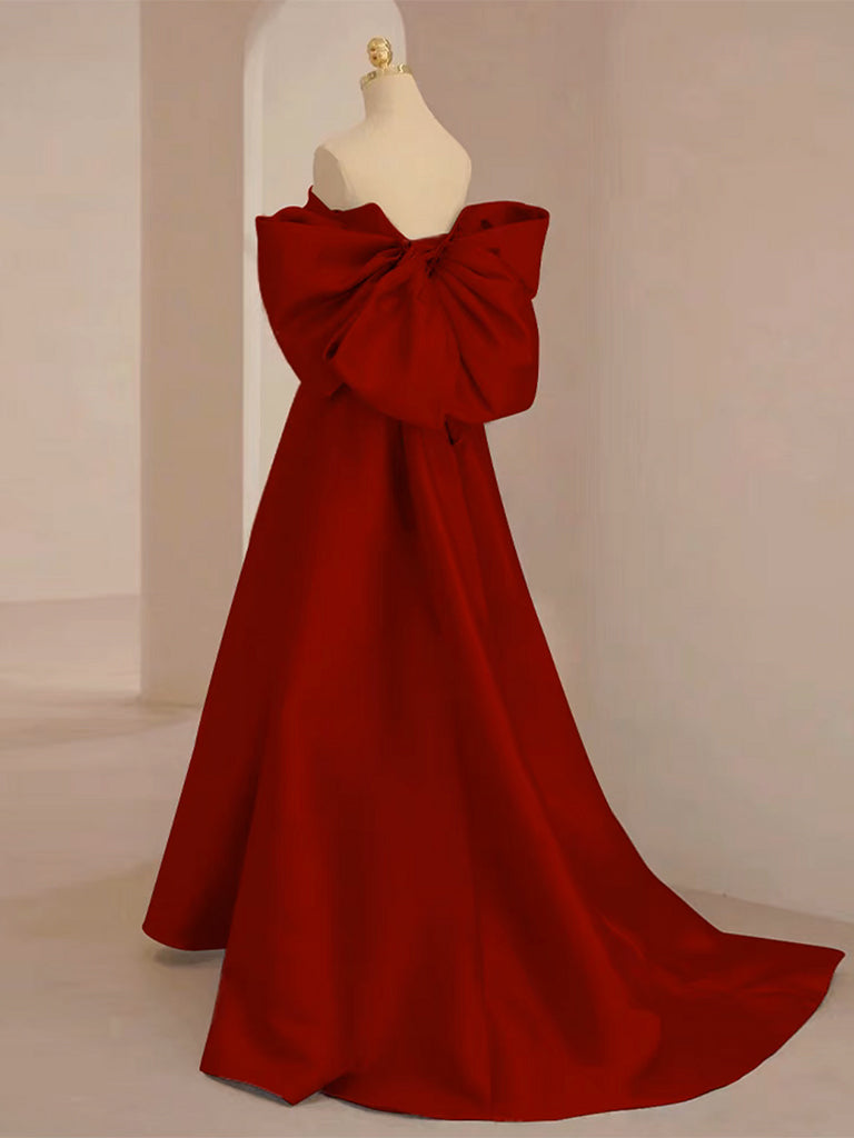 A-Line Sweetheart Neck  Satin Burgundy Long Prom Dress with Bow