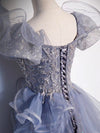 A-Line Sweetheart Neck Tulle Sequin Gray Blue Long Prom Dress, Gray Blue Long Formal Dress
