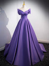 A-Line off Shoulder Satin Purple Long Prom Dress, Purple Long Evening Dress