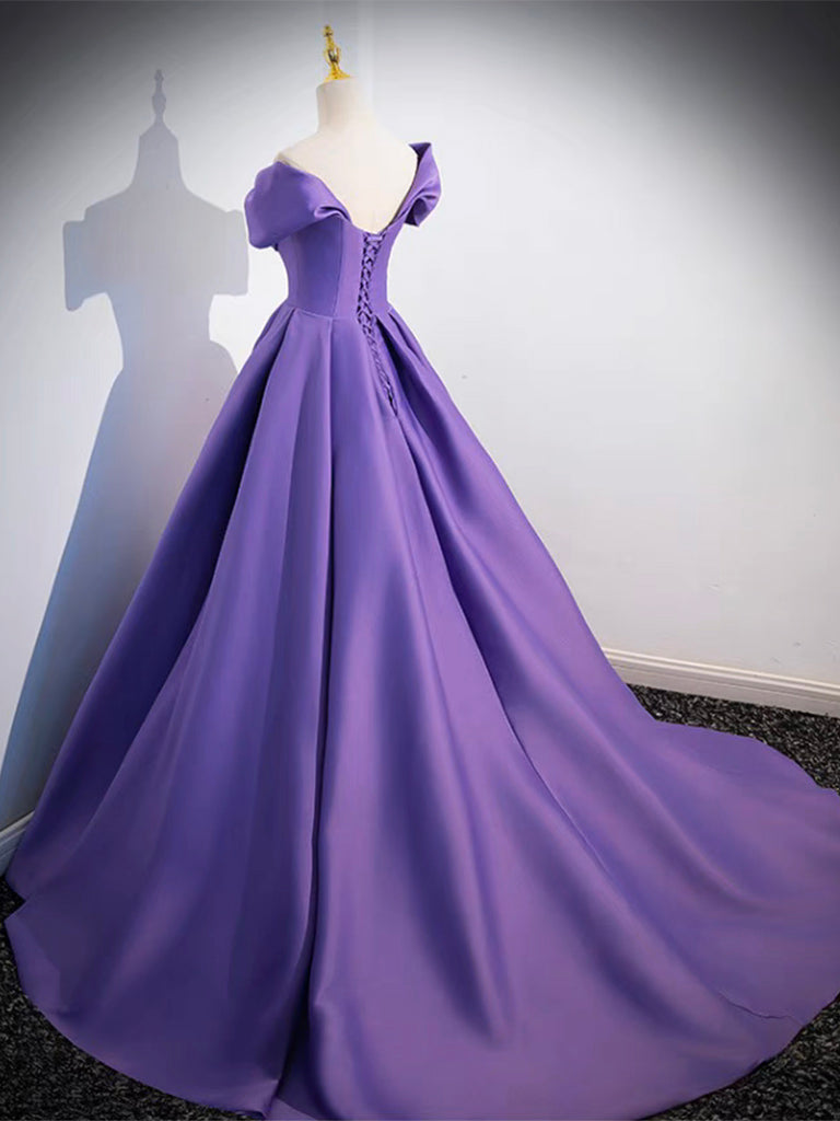 Purple Satin Long A-Line Prom Dress, Lovely Off Shoulder Formal Evening Dress US 16 / Purple Purple Satin Long A-Line Prom Dress, Lovely Off Shoulder Formal Evening Dress US 16 / Purple