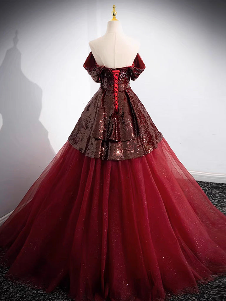 A-Line Tulle Sequin Burgundy Long Prom Dress, Off Shoulder Burgundy Formal Dress