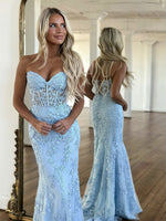 Blue Tulle Lace Mermaid Long Prom Dress, Sweetheart Neck Blue Graduation Dress