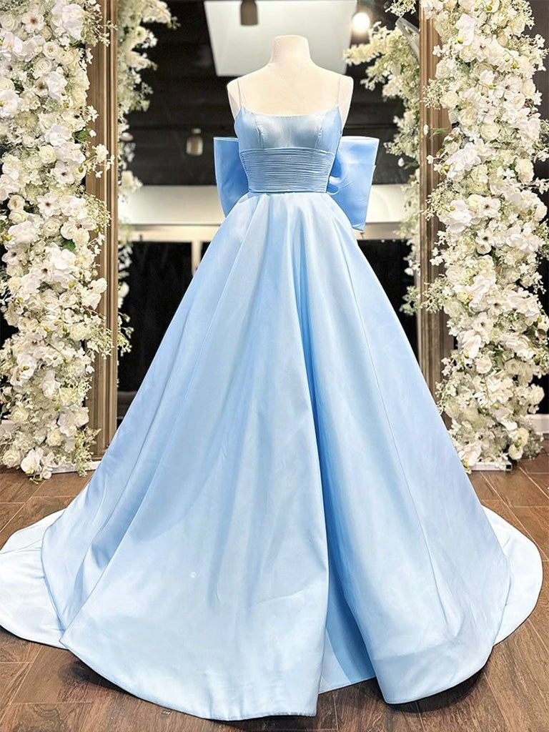 A-Line Satin Blue Long Prom Dress, Blue Long Graduation Dress