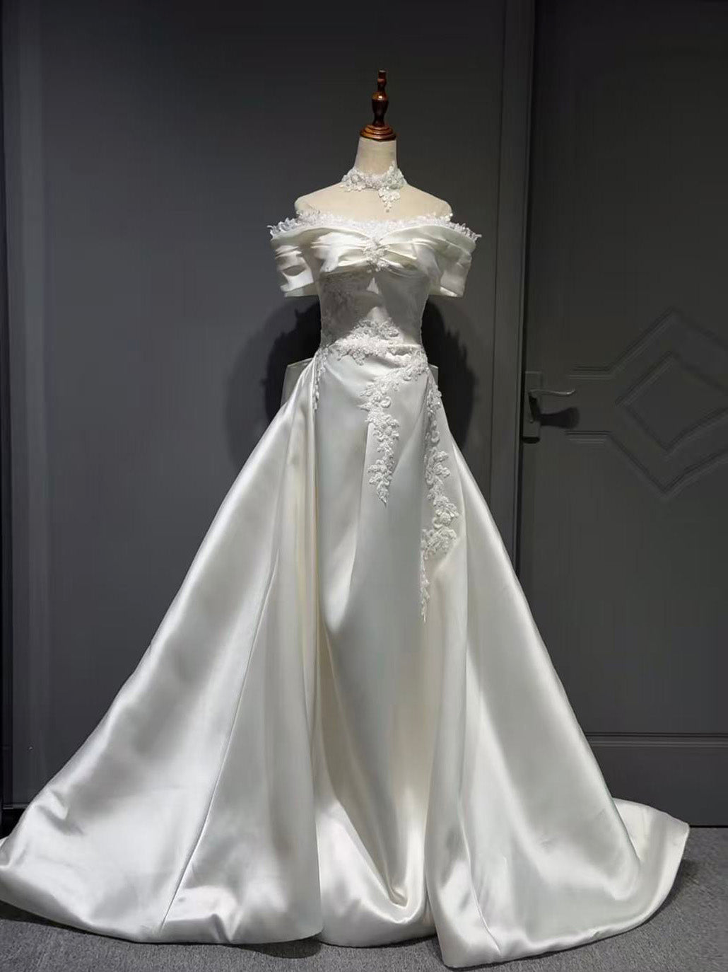 A-line Off Shoulder Satin Lace White Long Prom Dress, White Formal Dress