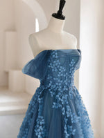 A-line Off Shoulder Gray Blue Tulle Long Prom Dress, Gray Blue Long Formal Dress