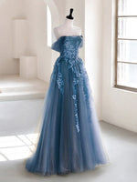 A-line Off Shoulder Gray Blue Tulle Long Prom Dress, Gray Blue Long Formal Dress