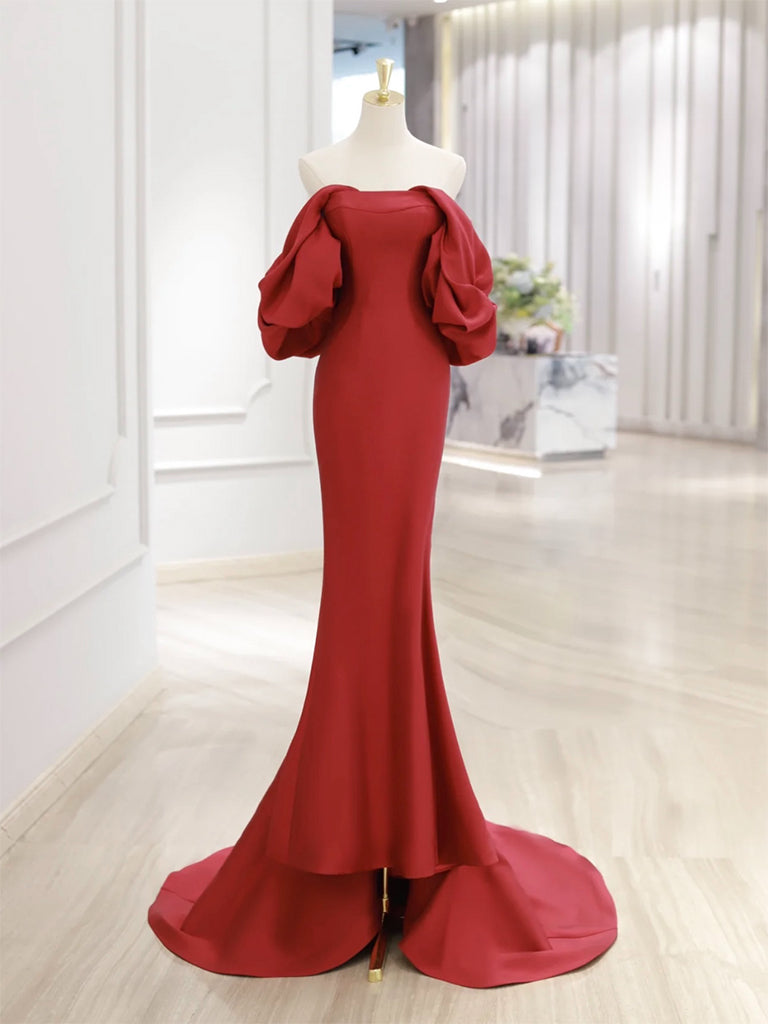 red mermaid long sleeve dress Simple Off Shoulder Satin Prom Dress, Red Long Formal – shopluu SD-12.12.24 If you have other Essential Over The Shoulder Style:ES02326BK